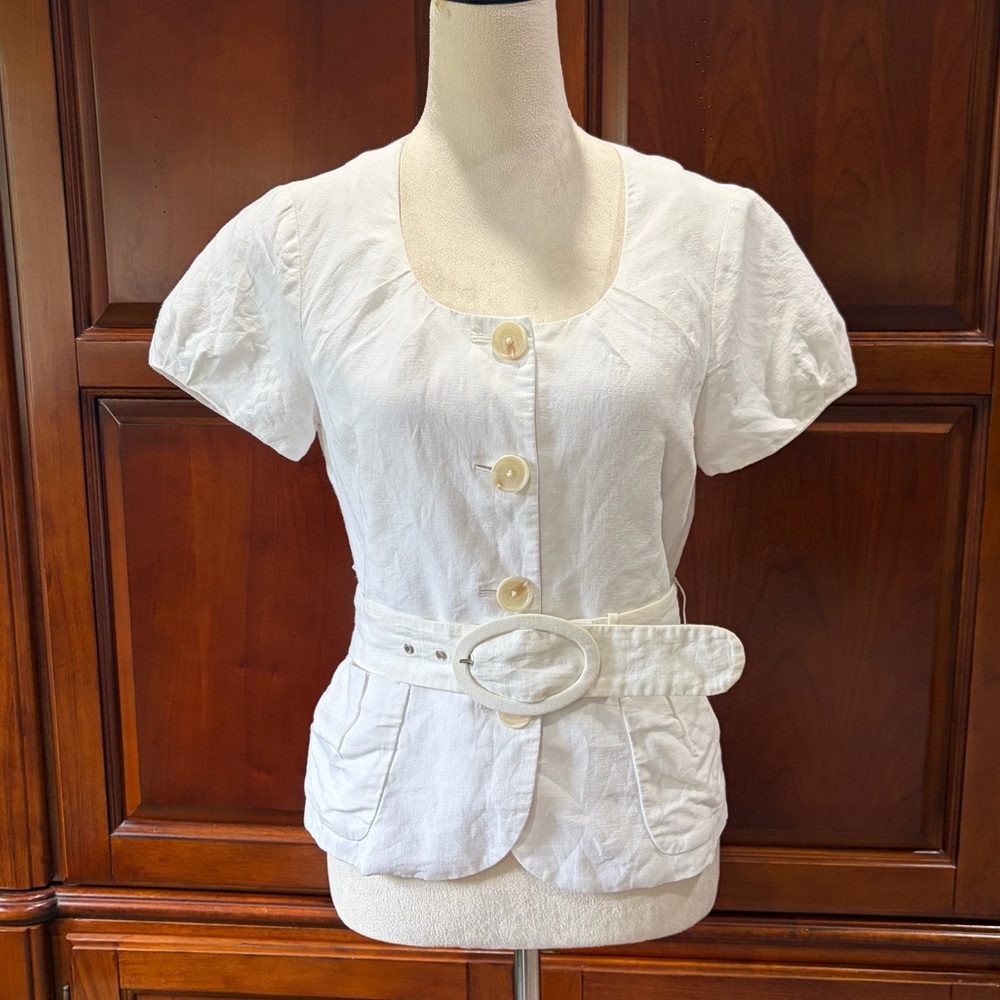 Banana Republic sz2 Belted lined Ivory linen&cotton short sleeve shirt/jacket